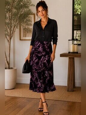 Chico’s Abstract Floral Midi Skirt Quiet Luxury Classy Chic Size 1